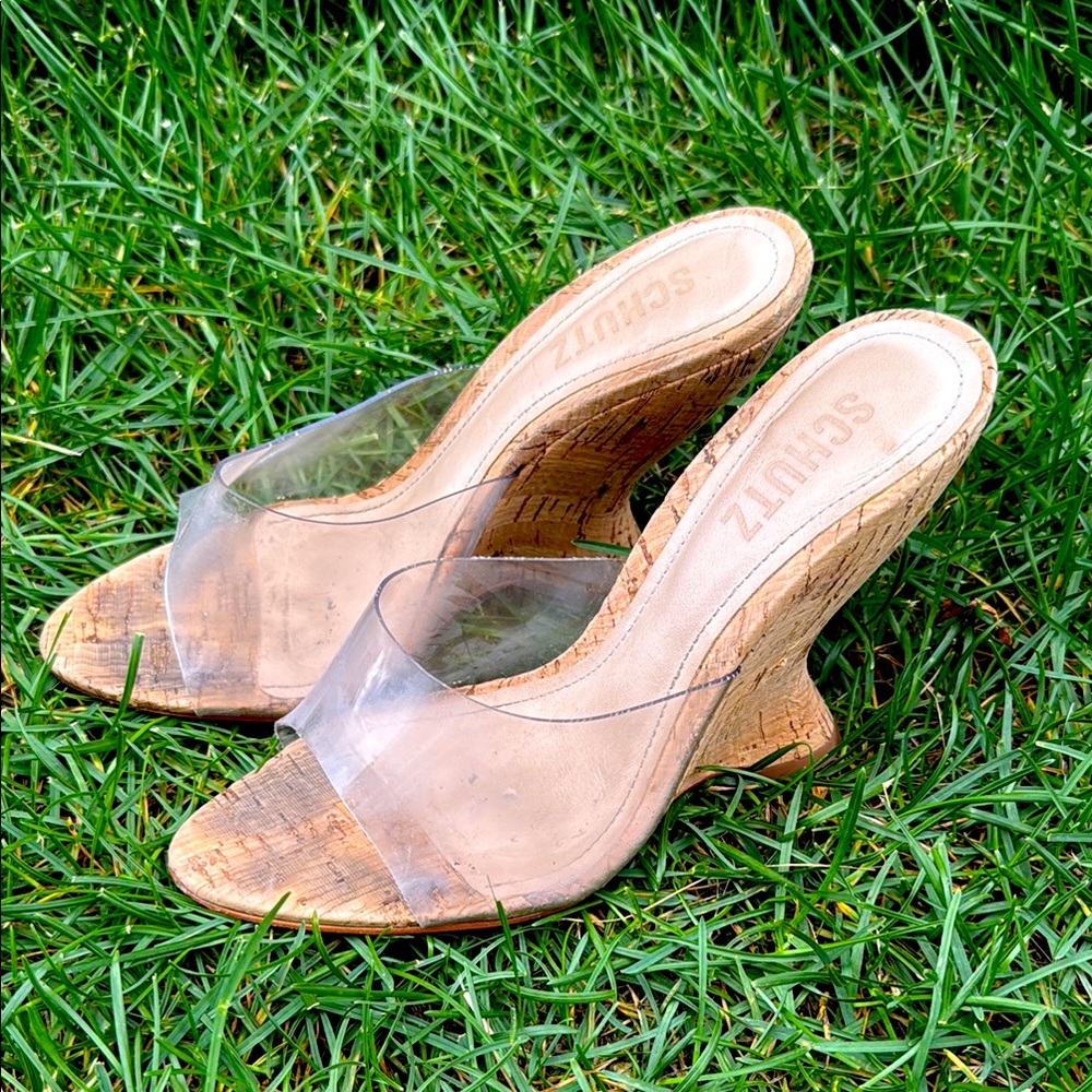 SCHUTZ Transparent and Tan Wedge Sandals